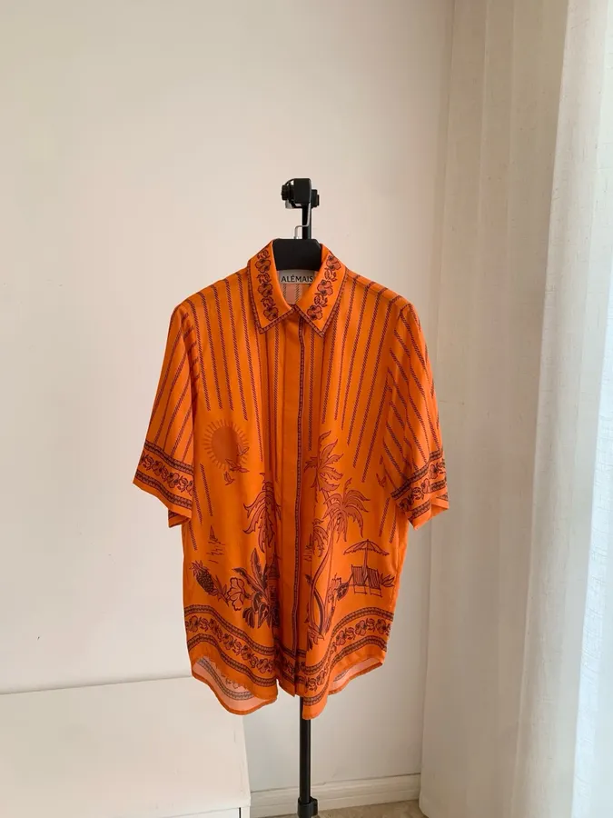 Striped Short-Sleeve Shirt | Island-Style Print Loose Lapel Top in Orange, product view 22