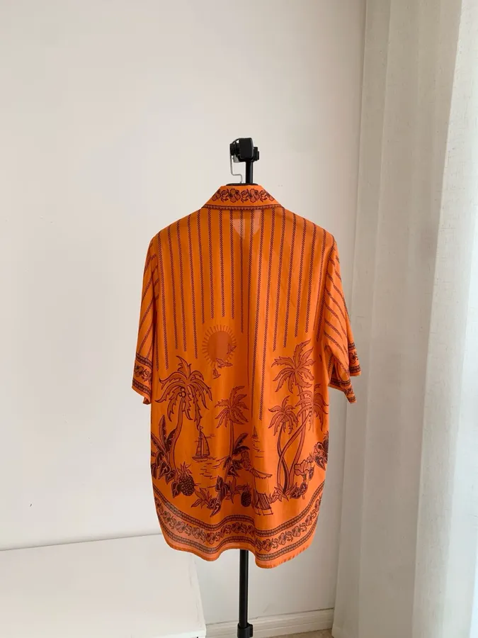Striped Short-Sleeve Shirt | Island-Style Print Loose Lapel Top in Orange, product view 23
