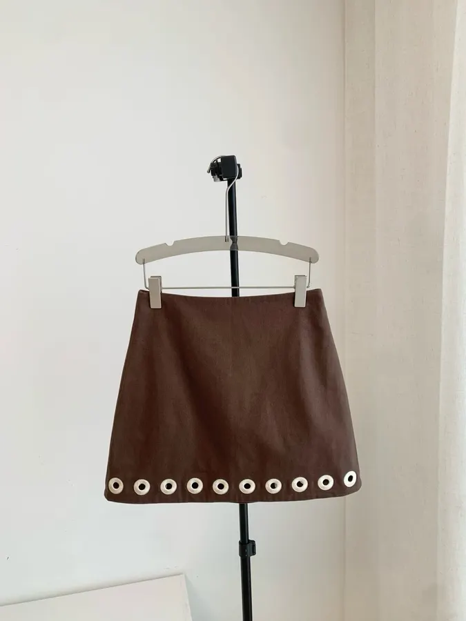Brown Linen Mini Skirt | Hem with Circular Cutouts High-Waisted A-Line Bodycon Skirt in Brown, product view 01