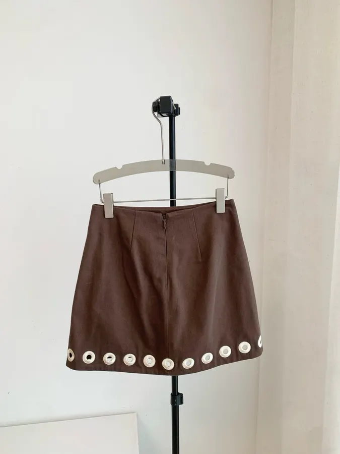 Brown Linen Mini Skirt | Hem with Circular Cutouts High-Waisted A-Line Bodycon Skirt in Brown, product view 02
