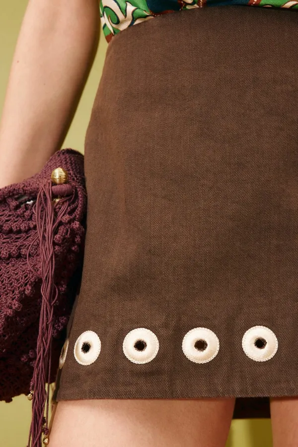 Brown Linen Mini Skirt | Hem with Circular Cutouts High-Waisted A-Line Bodycon Skirt in Brown, product view 06