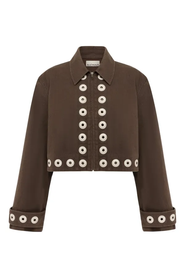 Coffee-Colored Hollow-Out Round Ring Short Jacket | Lapel Retro Design Short Coat in Coffee Brown, product view 01