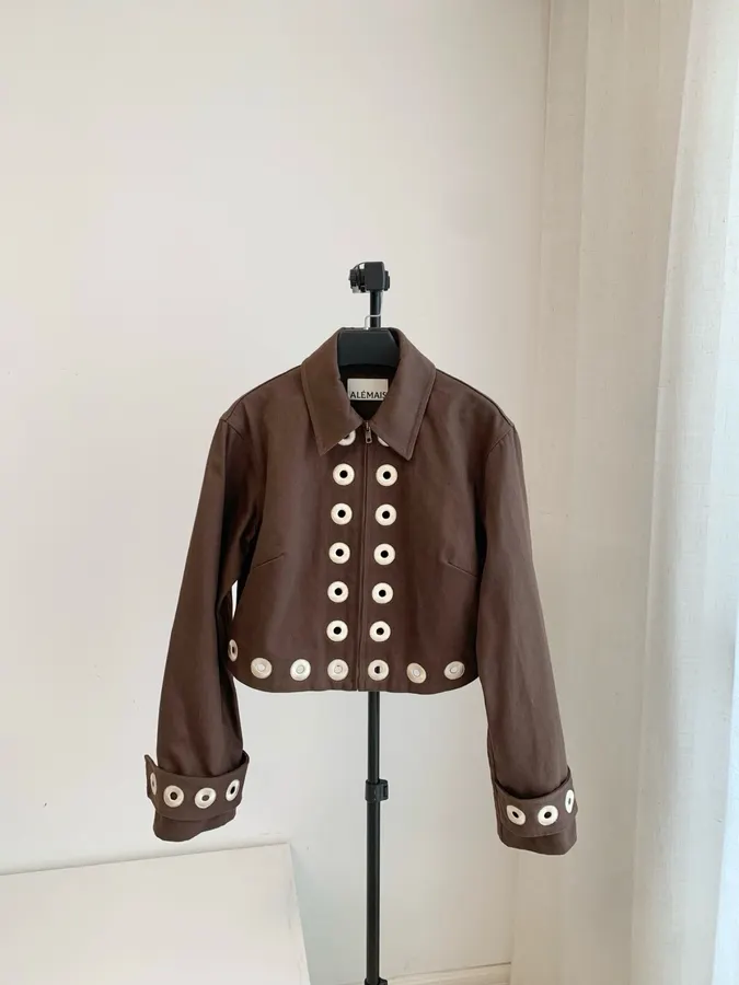 Coffee-Colored Hollow-Out Round Ring Short Jacket | Lapel Retro Design Short Coat in Coffee Brown, product view 02