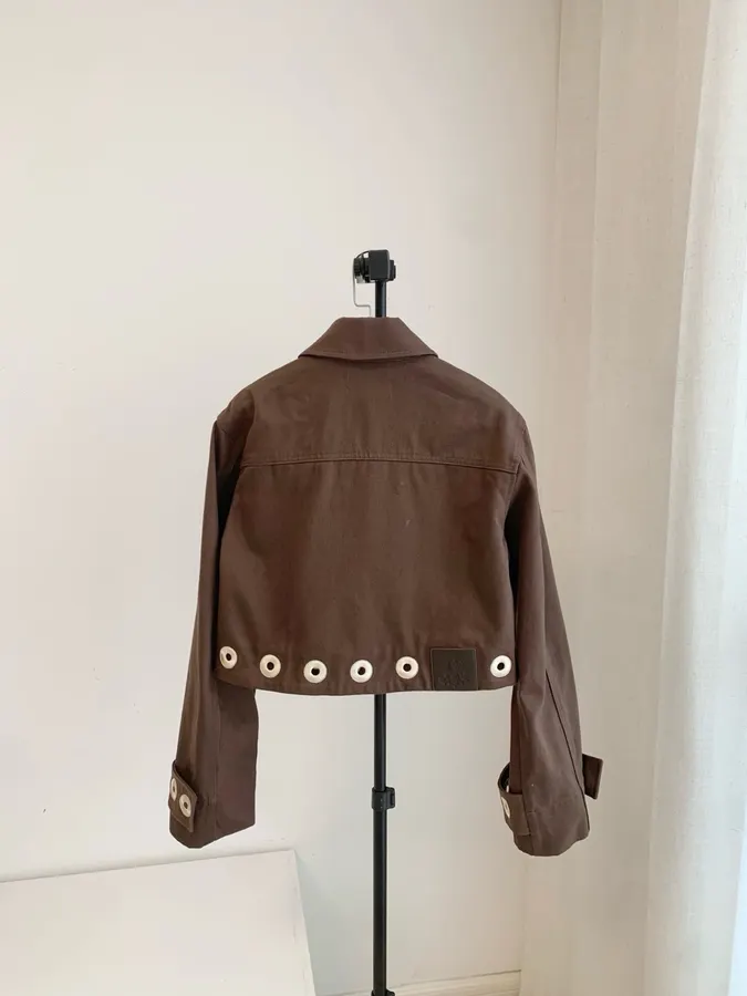 Coffee-Colored Hollow-Out Round Ring Short Jacket | Lapel Retro Design Short Coat in Coffee Brown, product view 03