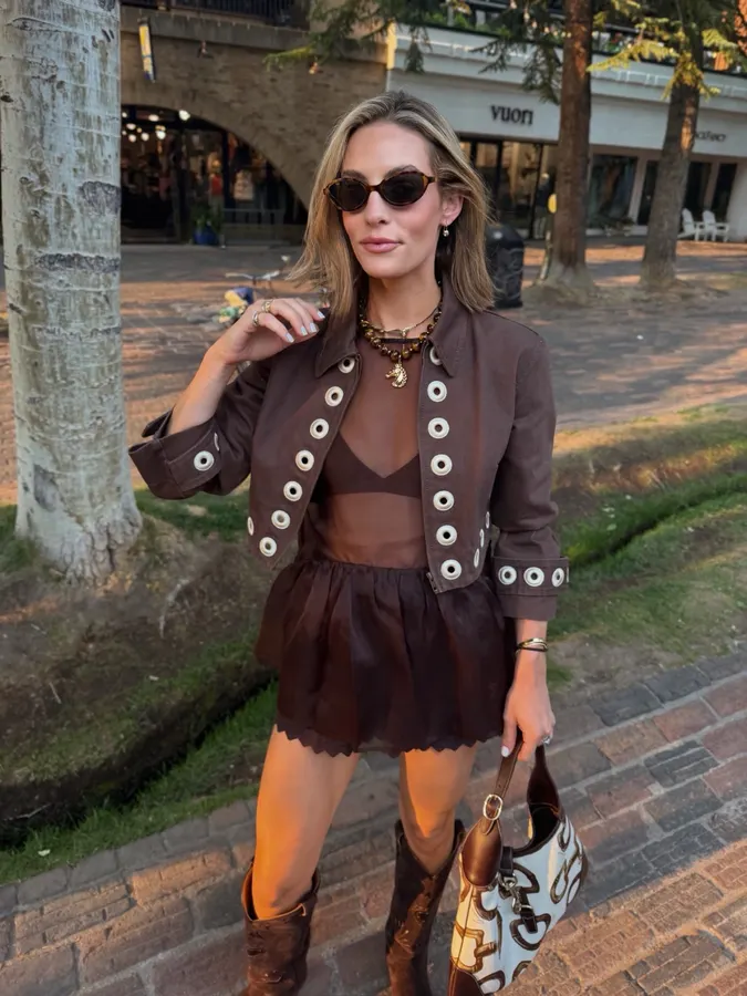 Coffee-Colored Hollow-Out Round Ring Short Jacket | Lapel Retro Design Short Coat in Coffee Brown, product view 09