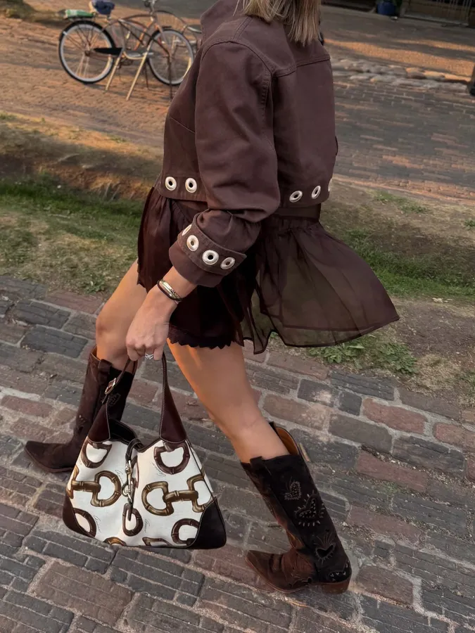 Coffee-Colored Hollow-Out Round Ring Short Jacket | Lapel Retro Design Short Coat in Coffee Brown, product view 10
