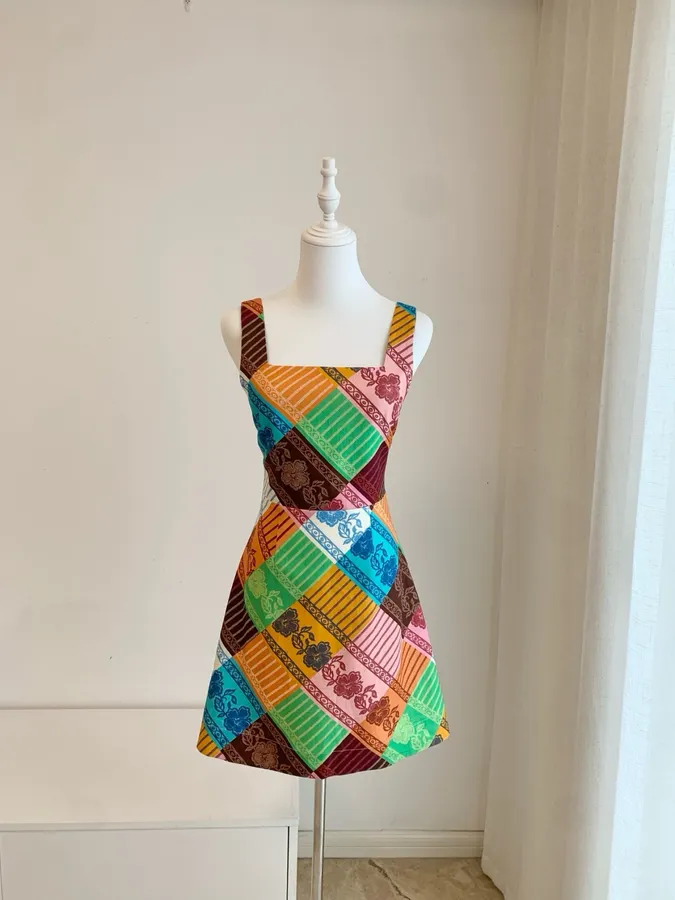 Colour-Block Argyle Halter Mini Dress in Multicolor, product view 08