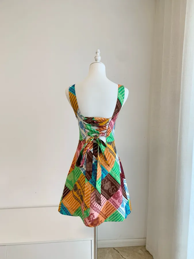 Colour-Block Argyle Halter Mini Dress in Multicolor, product view 09