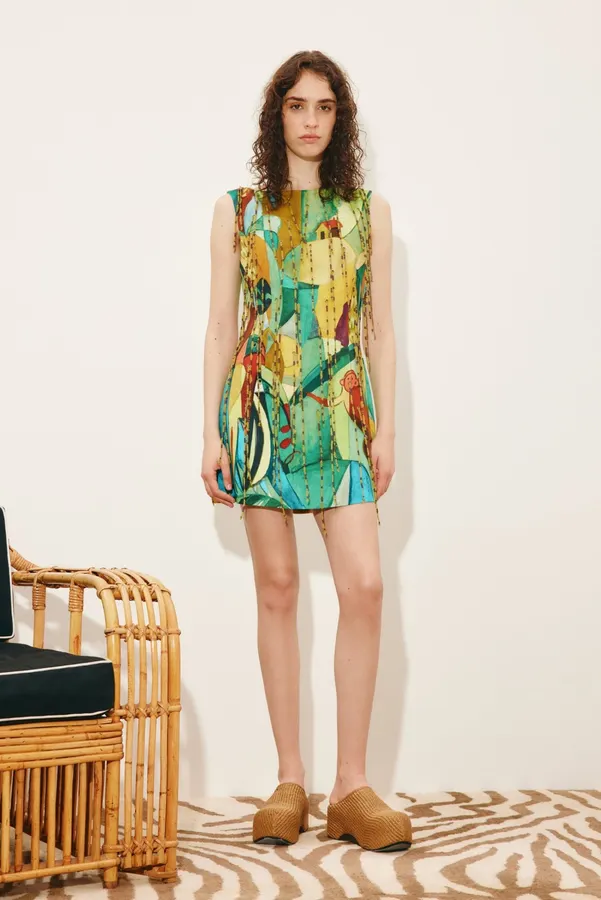 Artistic Graffiti Beaded Sleeveless A-Line Short Vest Dress in Turquoise Multicolor, product view 01