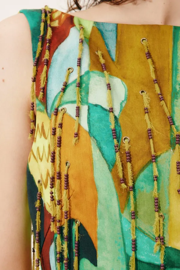 Artistic Graffiti Beaded Sleeveless A-Line Short Vest Dress in Turquoise Multicolor, product view 04
