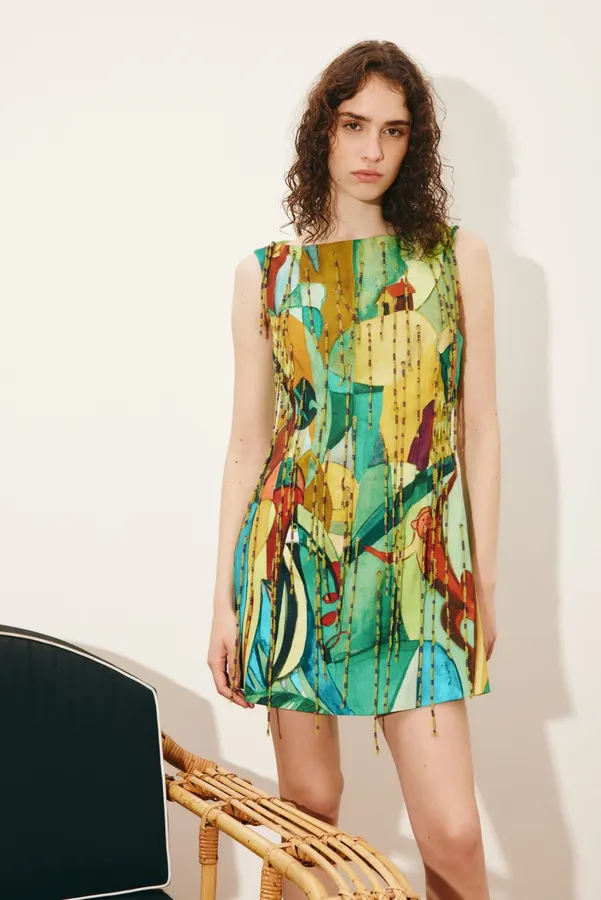 Artistic Graffiti Beaded Sleeveless A-Line Short Vest Dress in Turquoise Multicolor, product view 05
