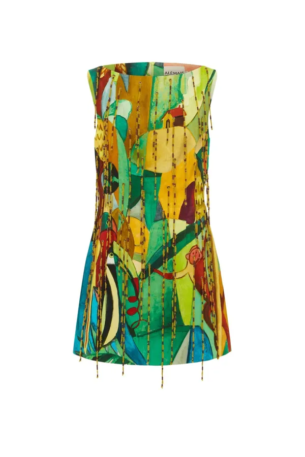 Artistic Graffiti Beaded Sleeveless A-Line Short Vest Dress in Turquoise Multicolor, product view 06
