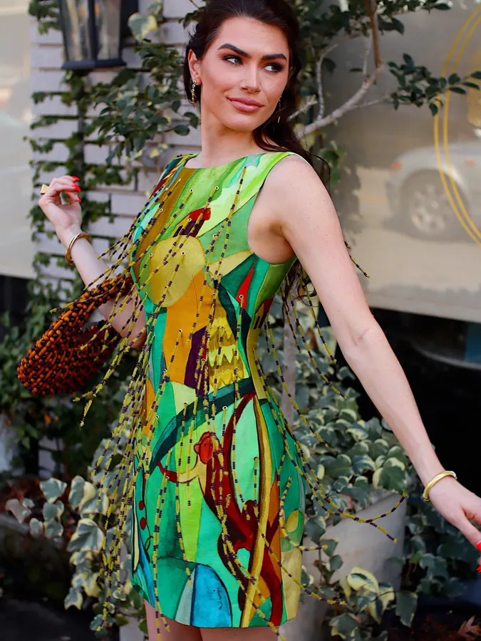 Artistic Graffiti Beaded Sleeveless A-Line Short Vest Dress in Turquoise Multicolor, product view 07