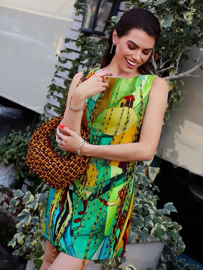 Artistic Graffiti Beaded Sleeveless A-Line Short Vest Dress in Turquoise Multicolor, product view 08