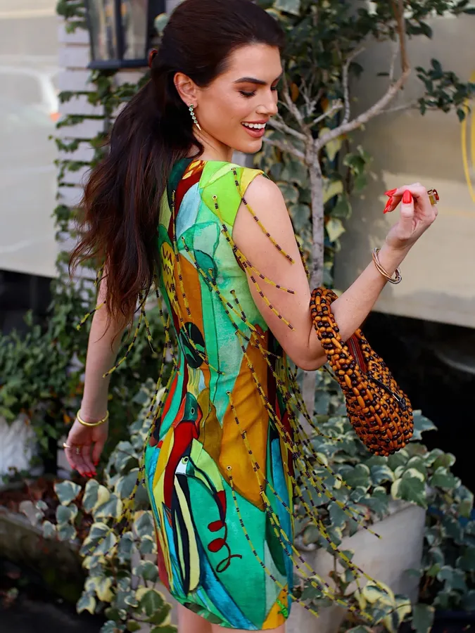 Artistic Graffiti Beaded Sleeveless A-Line Short Vest Dress in Turquoise Multicolor, product view 10