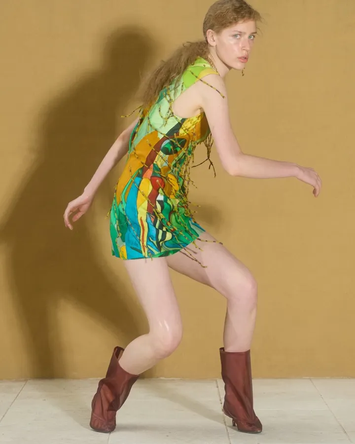 Artistic Graffiti Beaded Sleeveless A-Line Short Vest Dress in Turquoise Multicolor, product view 12