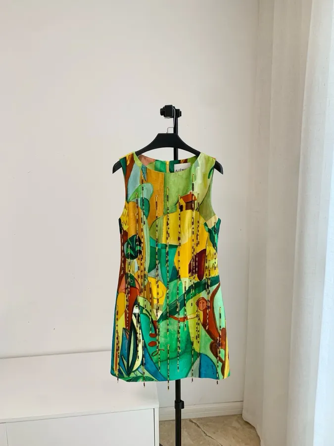 Artistic Graffiti Beaded Sleeveless A-Line Short Vest Dress in Turquoise Multicolor, product view 13