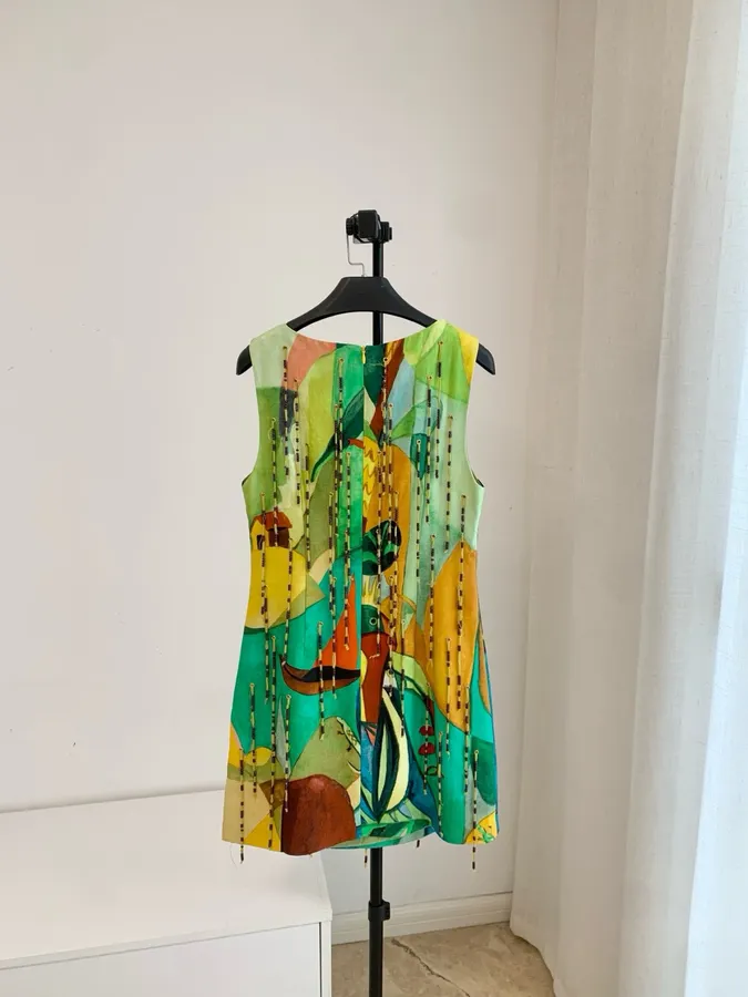 Artistic Graffiti Beaded Sleeveless A-Line Short Vest Dress in Turquoise Multicolor, product view 16