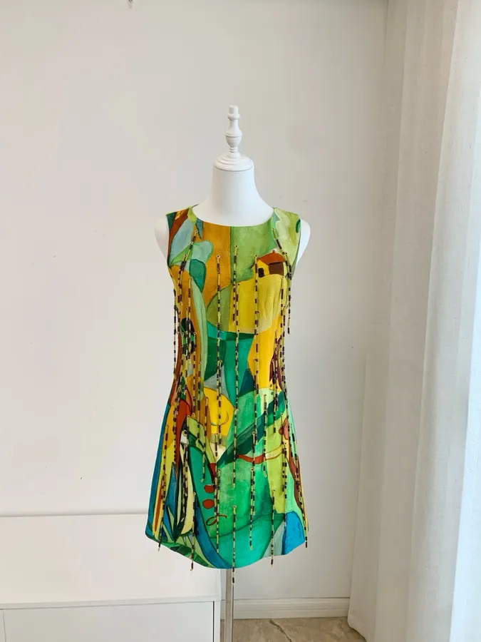 Artistic Graffiti Beaded Sleeveless A-Line Short Vest Dress in Turquoise Multicolor, product view 18