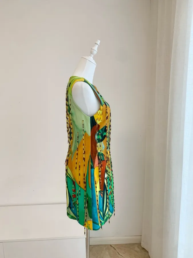 Artistic Graffiti Beaded Sleeveless A-Line Short Vest Dress in Turquoise Multicolor, product view 20
