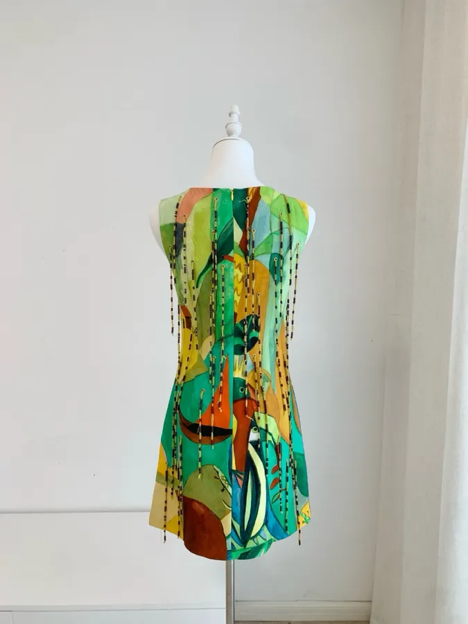 Artistic Graffiti Beaded Sleeveless A-Line Short Vest Dress in Turquoise Multicolor, product view 21