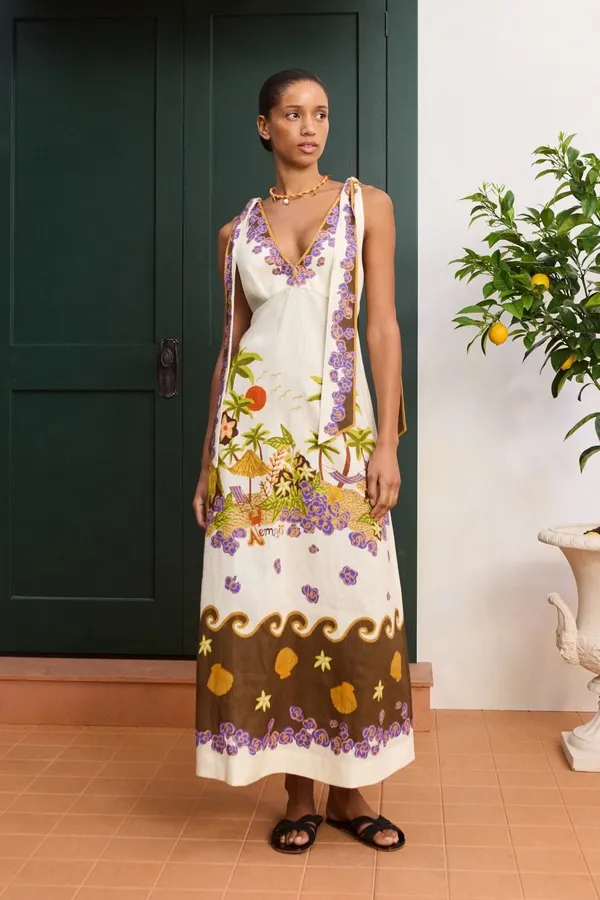 Printed Slip Dress | Retro Pastoral V-Neck Cinched Dress in Ivory Multicolor, product view 01