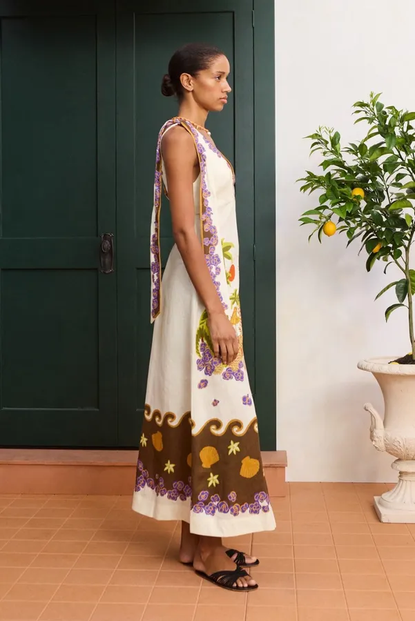 Printed Slip Dress | Retro Pastoral V-Neck Cinched Dress in Ivory Multicolor, product view 02