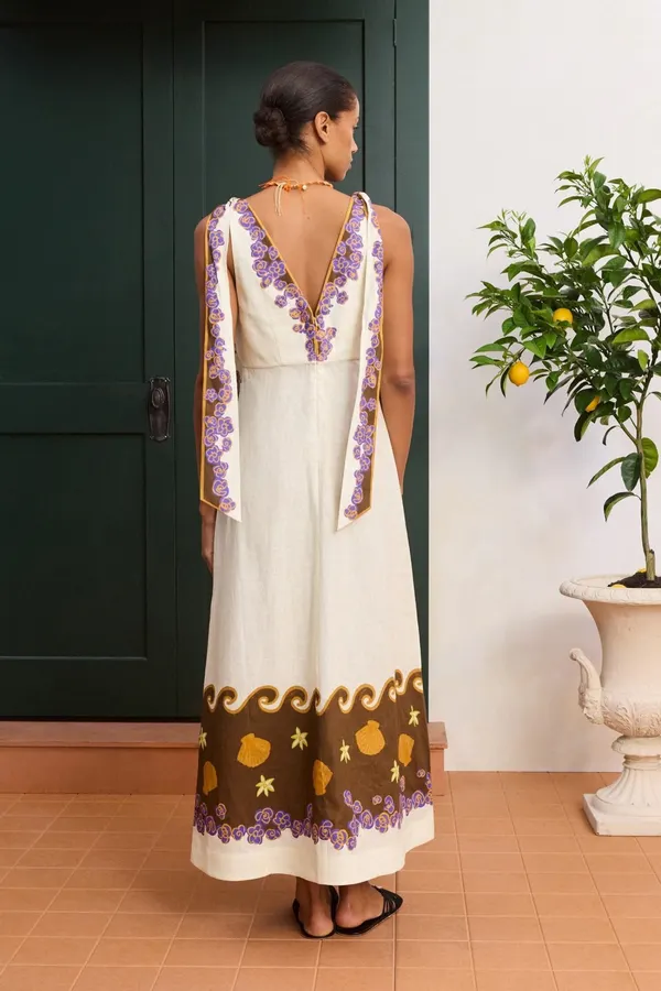 Printed Slip Dress | Retro Pastoral V-Neck Cinched Dress in Ivory Multicolor, product view 03