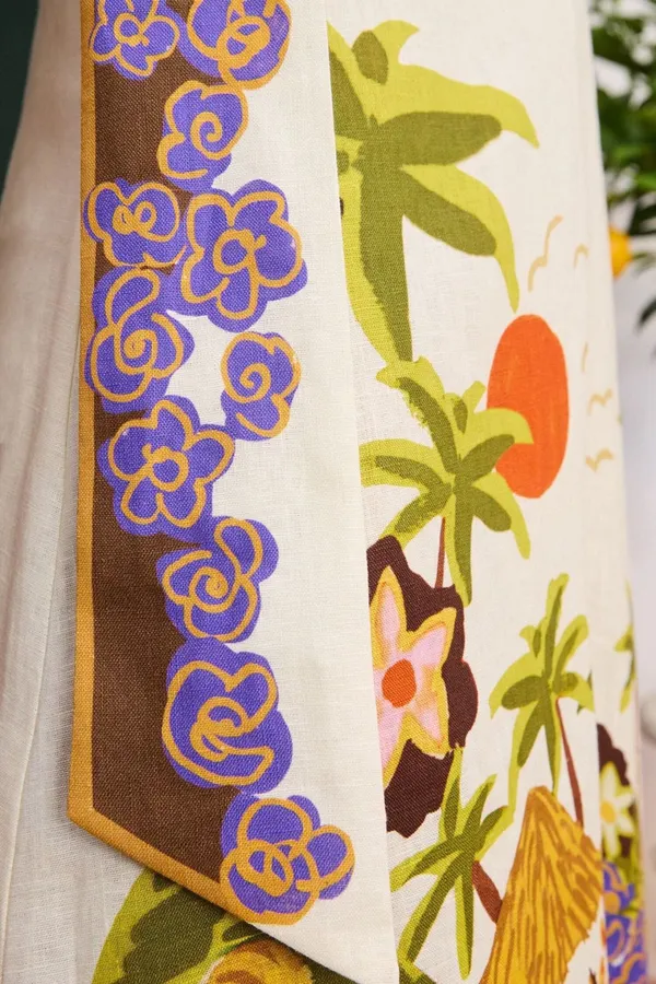 Printed Slip Dress | Retro Pastoral V-Neck Cinched Dress in Ivory Multicolor, product view 04