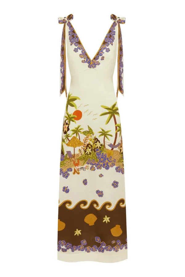 Printed Slip Dress | Retro Pastoral V-Neck Cinched Dress in Ivory Multicolor, product view 05