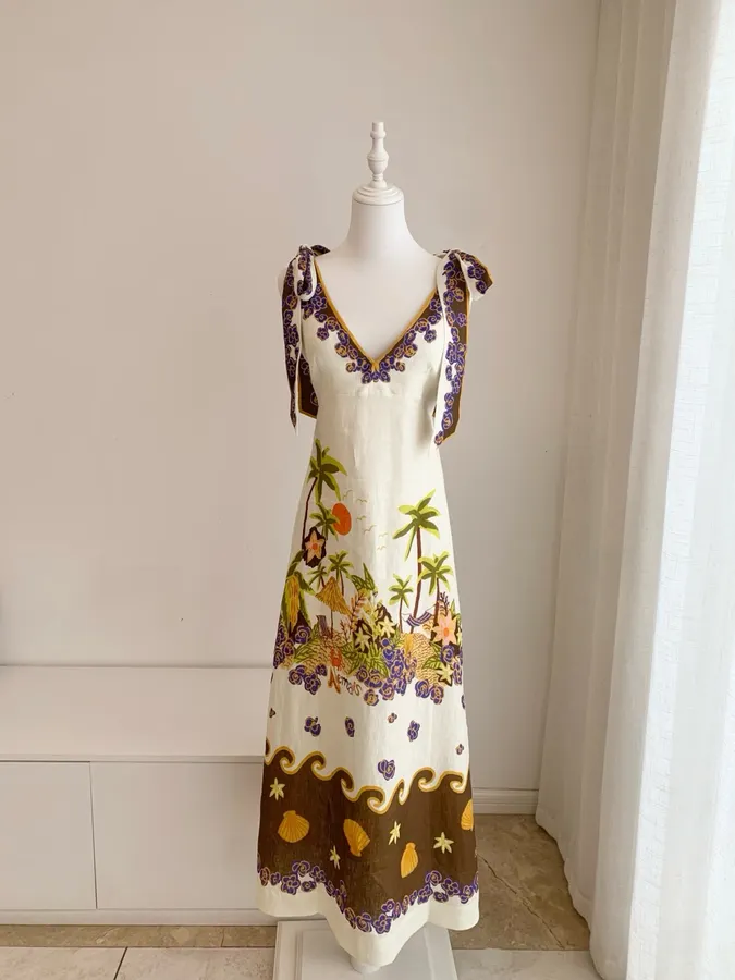 Printed Slip Dress | Retro Pastoral V-Neck Cinched Dress in Ivory Multicolor, product view 06