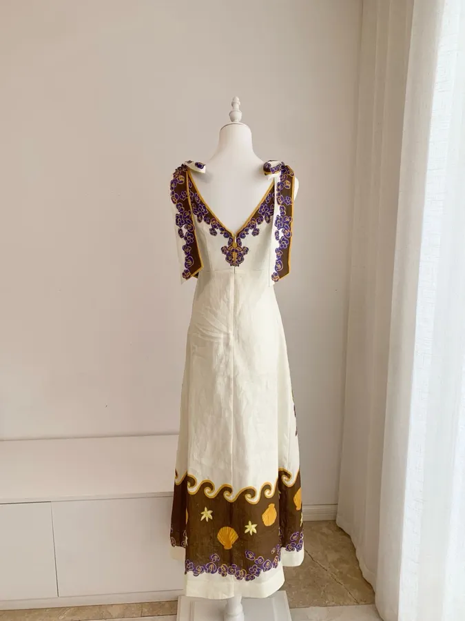 Printed Slip Dress | Retro Pastoral V-Neck Cinched Dress in Ivory Multicolor, product view 07