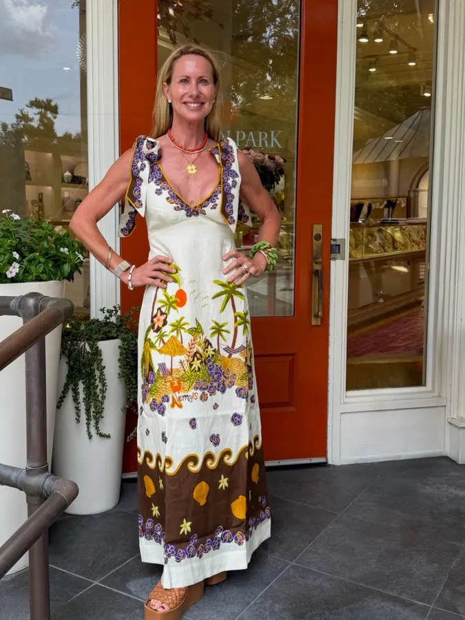 Printed Slip Dress | Retro Pastoral V-Neck Cinched Dress in Ivory Multicolor, product view 08