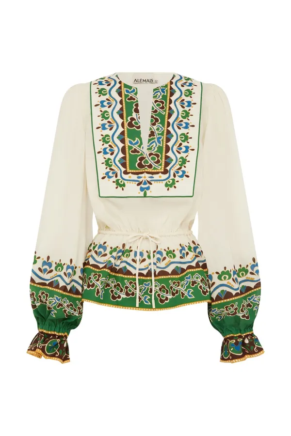 Embroidered Square Neck Top | Retro Printed Cinched Lantern Sleeve Long-Sleeve Shirt in Ivory and Green, product view 01