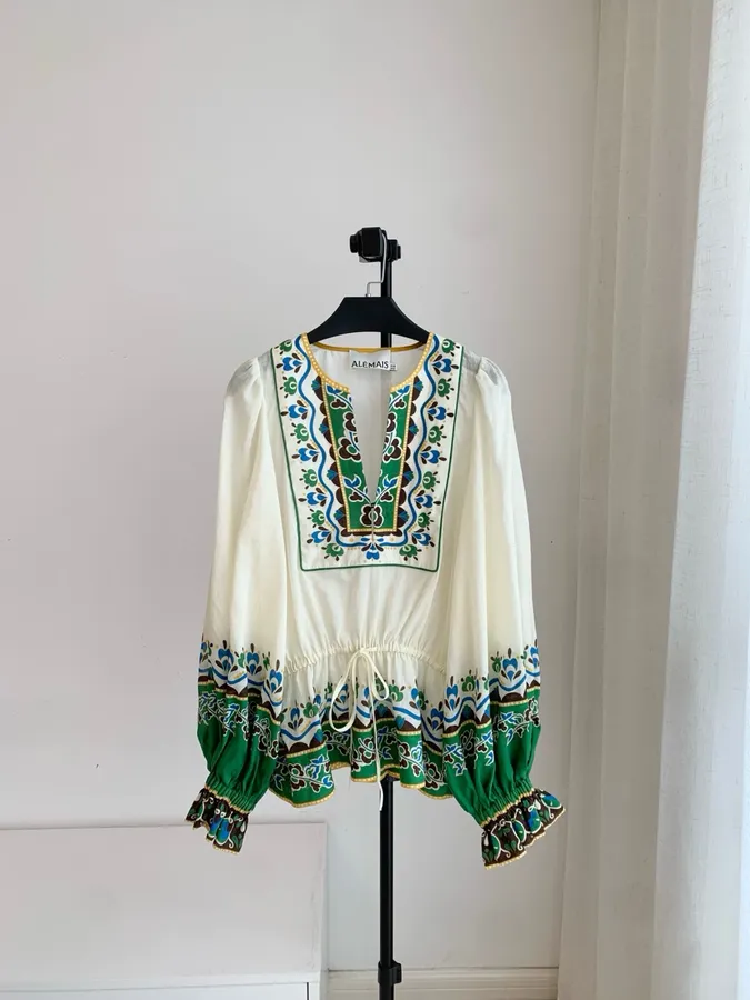 Embroidered Square Neck Top | Retro Printed Cinched Lantern Sleeve Long-Sleeve Shirt in Ivory and Green, product view 02