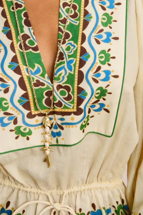 Embroidered Square Neck Top | Retro Printed Cinched Lantern Sleeve Long-Sleeve Shirt in Ivory and Green, product view 08