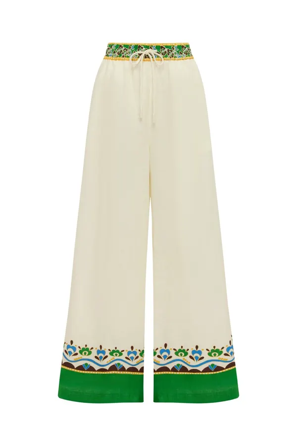 Off-White Lace Trim Wide-Leg Pants | Resort-Style Elastic Waist Floral Trim Casual Trousers in Ivory, product view