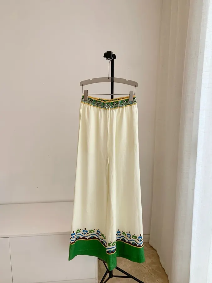 Off-White Lace Trim Wide-Leg Pants | Resort-Style Elastic Waist Floral Trim Casual Trousers in Ivory, product view 02