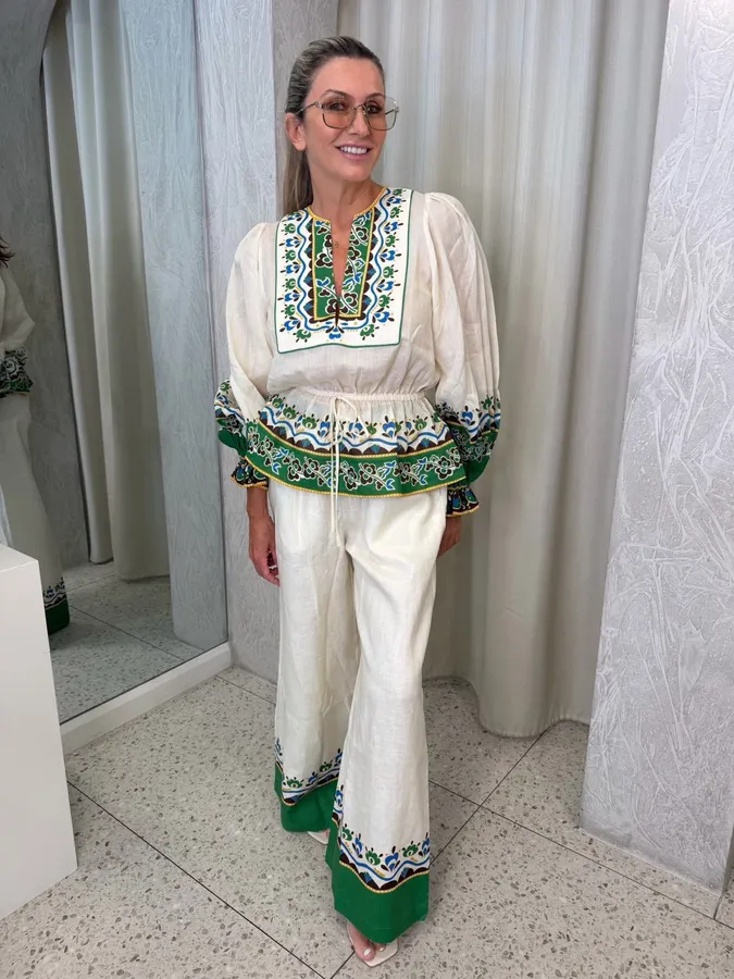 Off-White Lace Trim Wide-Leg Pants | Resort-Style Elastic Waist Floral Trim Casual Trousers in Ivory, product view 03