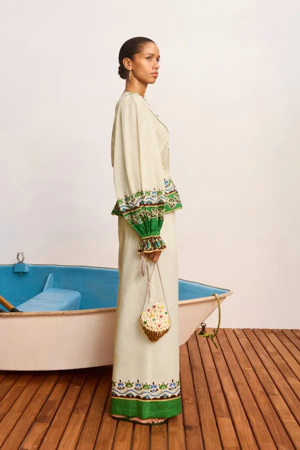 Off-White Lace Trim Wide-Leg Pants | Resort-Style Elastic Waist Floral Trim Casual Trousers in Ivory, product view 05