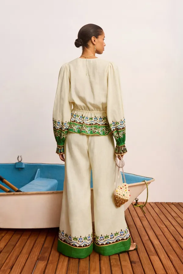 Off-White Lace Trim Wide-Leg Pants | Resort-Style Elastic Waist Floral Trim Casual Trousers in Ivory, product view 06