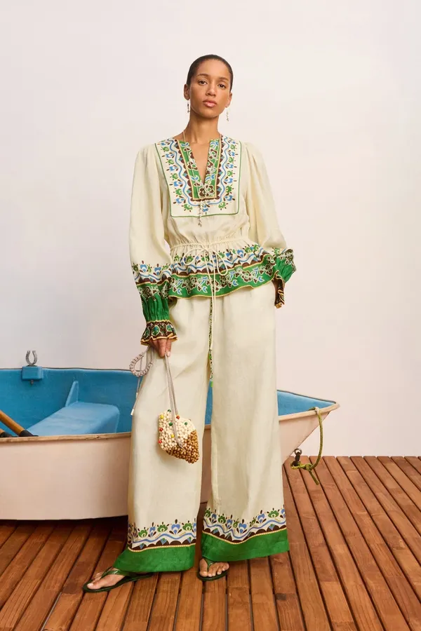Off-White Lace Trim Wide-Leg Pants | Resort-Style Elastic Waist Floral Trim Casual Trousers in Ivory, product view 07