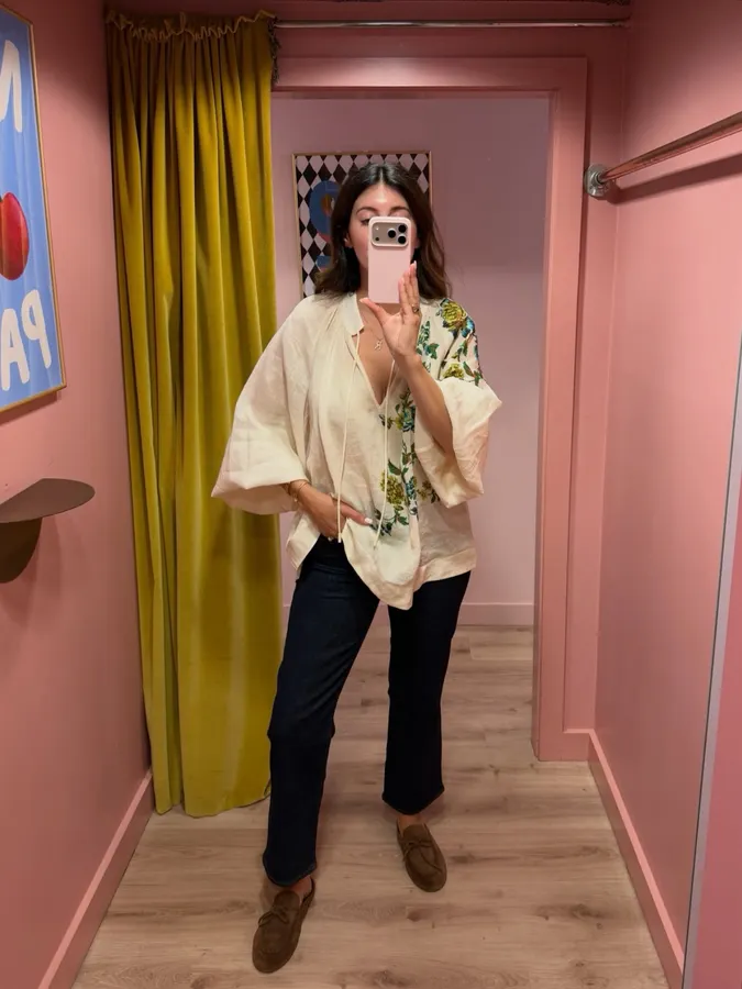 Floral V-Neck Shirt | Lightweight Plant Print Loose Long-Sleeve Blouse in Off-White, product view 10