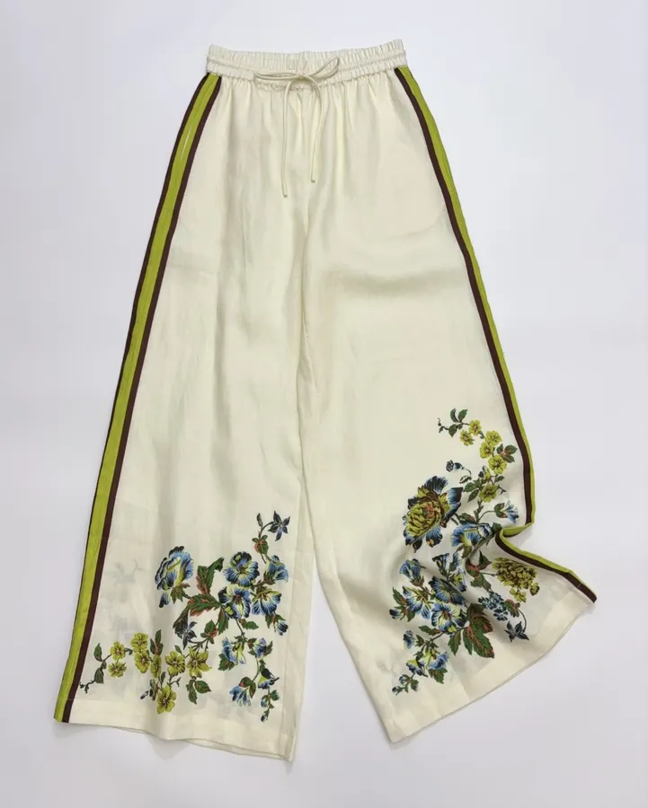 Printed Off-White Wide-Leg Pants | Elastic Waist Retro Resort Casual Long Pants in Ivory, product view