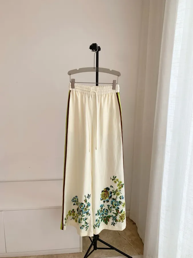 Printed Off-White Wide-Leg Pants | Elastic Waist Retro Resort Casual Long Pants in Ivory, product view 02
