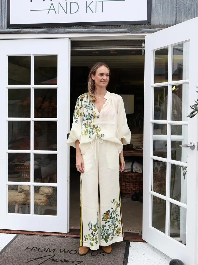 Printed Off-White Wide-Leg Pants | Elastic Waist Retro Resort Casual Long Pants in Ivory, product view 04