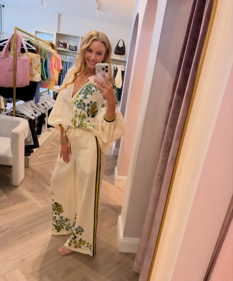 Printed Off-White Wide-Leg Pants | Elastic Waist Retro Resort Casual Long Pants in Ivory, product view 05