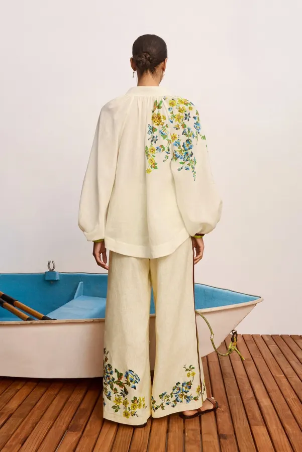 Printed Off-White Wide-Leg Pants | Elastic Waist Retro Resort Casual Long Pants in Ivory, product view 08