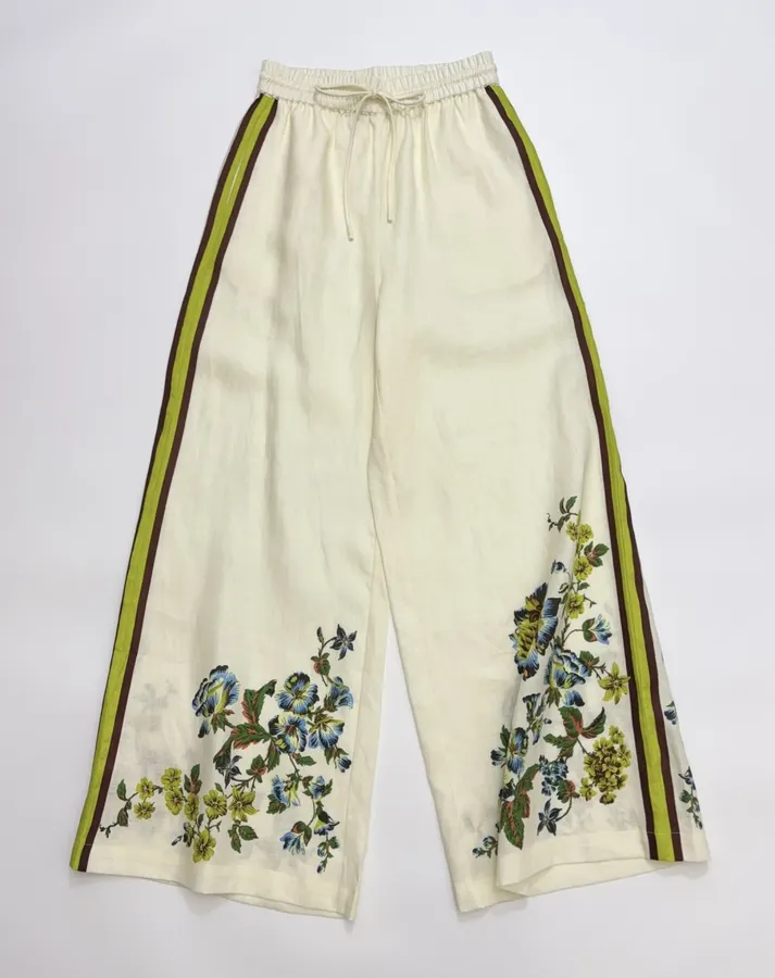 Printed Off-White Wide-Leg Pants | Elastic Waist Retro Resort Casual Long Pants in Ivory, product view 10