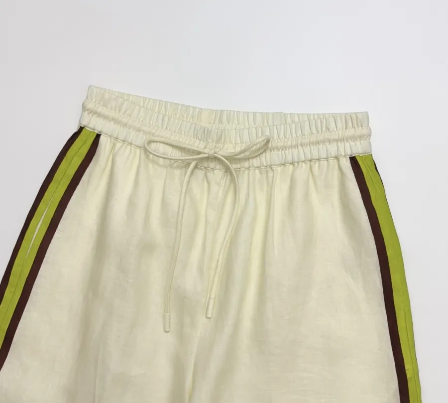 Printed Off-White Wide-Leg Pants | Elastic Waist Retro Resort Casual Long Pants in Ivory, product view 11